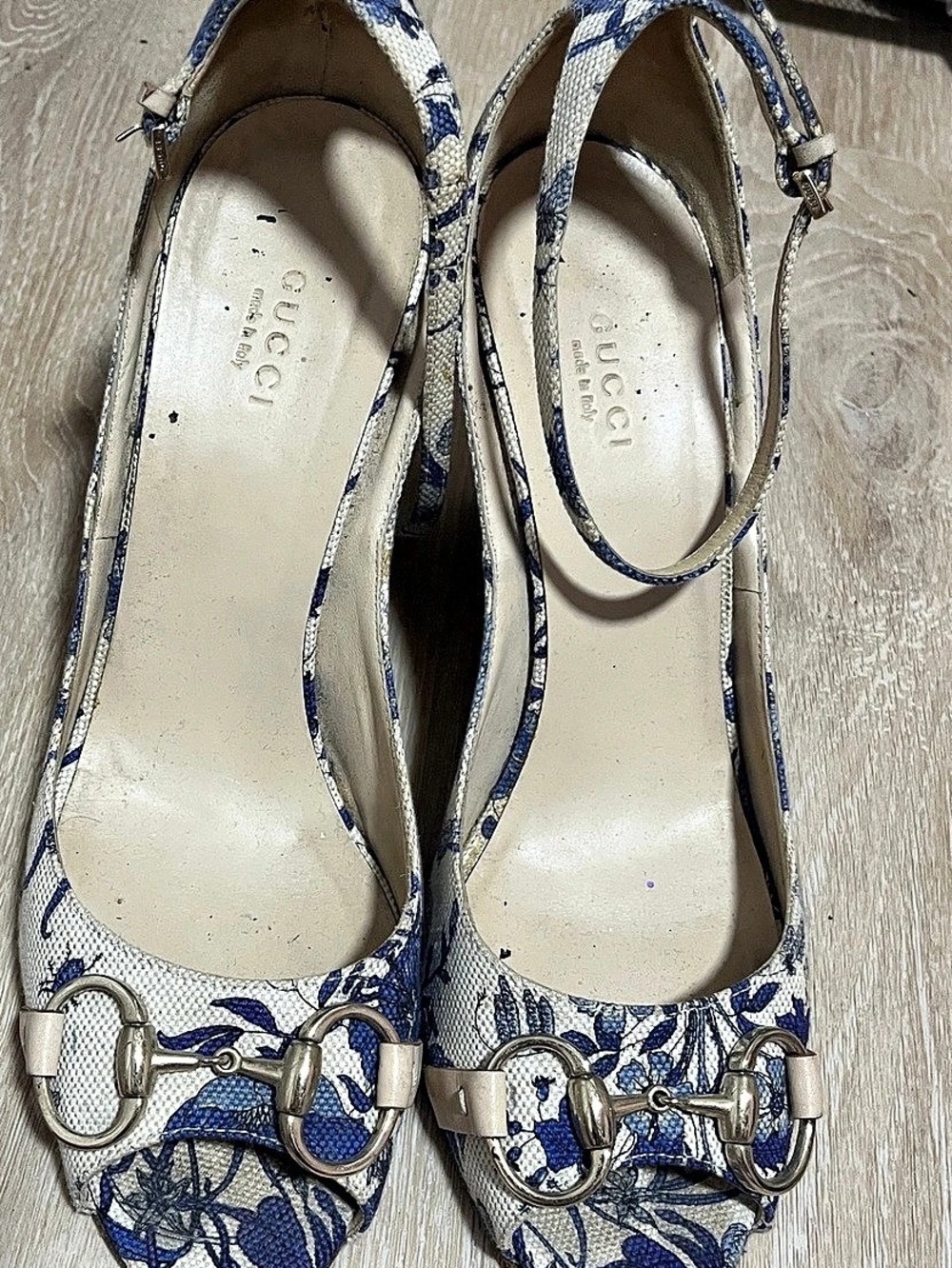 Gucci Blue Floral Canvas Horsebit Ankle Strap Wedge Sandals Wedge Sandals
